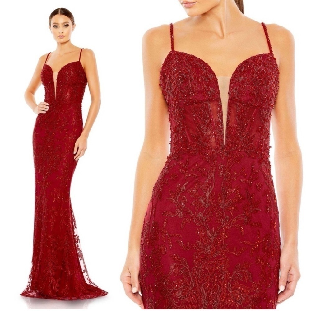 Mac Duggal 20330 Red Embellished Lace Mermaid Evening Formal Prom Pageant Gown